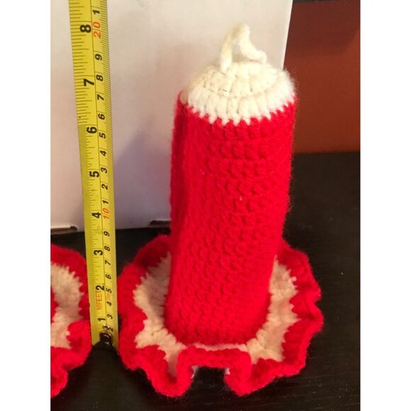 Crochet Candle Covers Red & White Christmas Handmade Home Decor 7 1/2 Inches Vtg - Picture 4 of 5